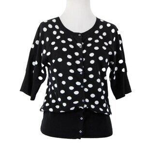 Christina V Sz M Black White Polka Dots Button Down 100% Cotton Sweater Cardigan